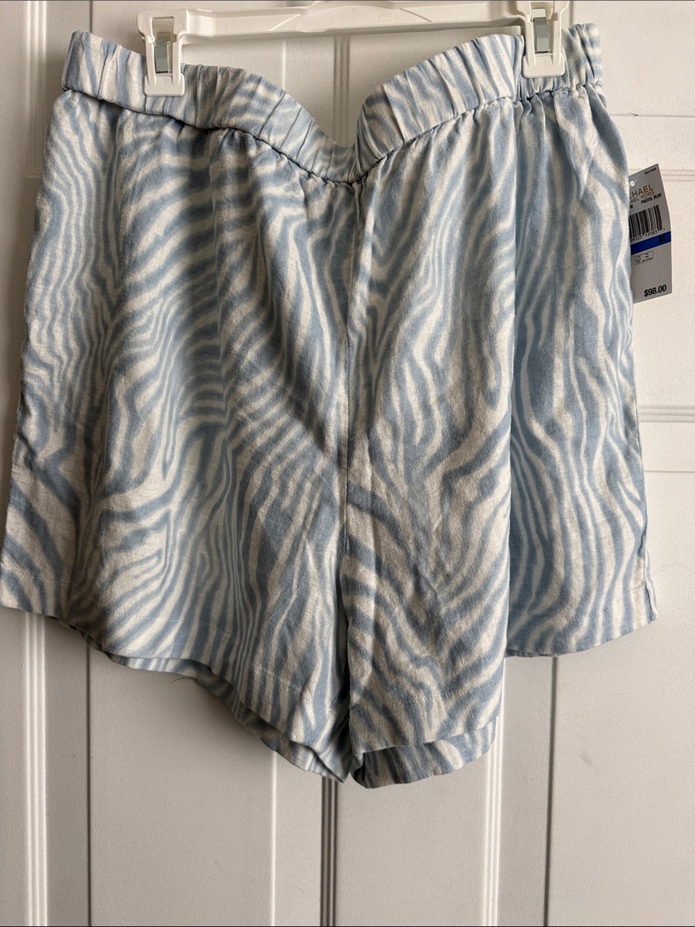Michael Kors Light Blue and White Zebra-Print High Waist Shorts